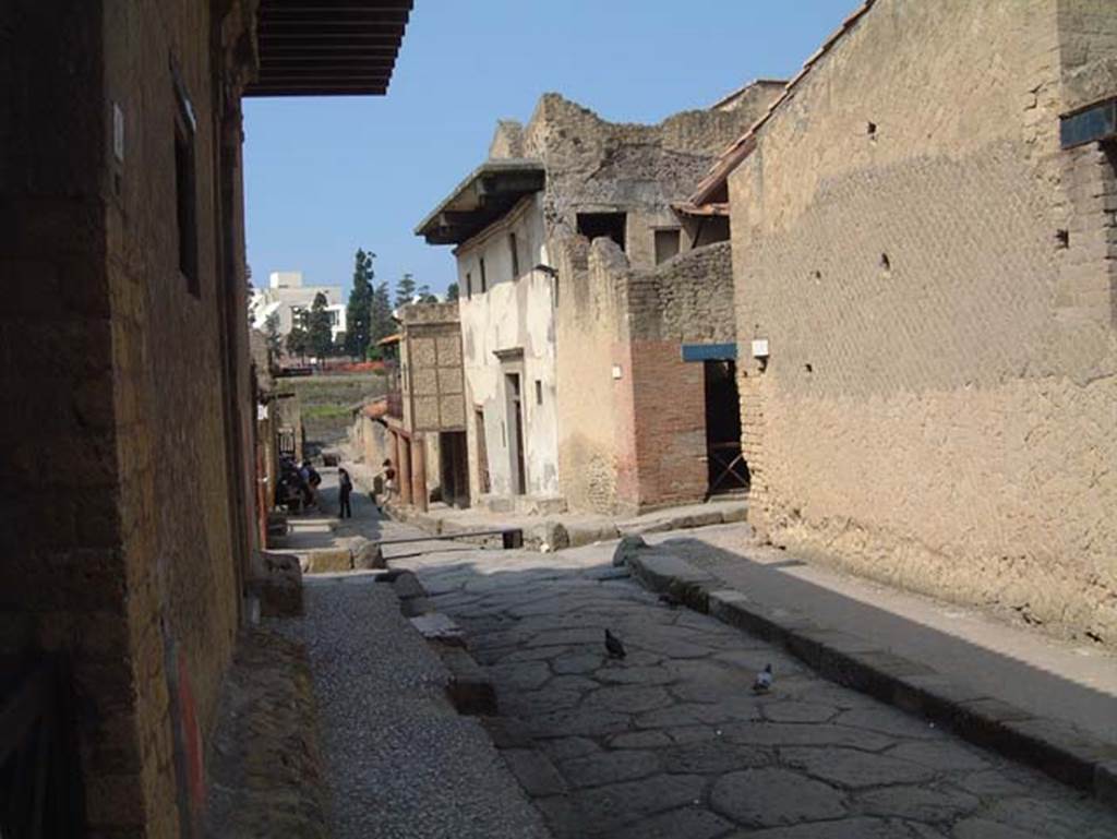 V.2 and V.1 Herculaneum, on east side of Cardo IV Superiore. May 2001.
Looking south from outside doorway of V.2, towards junction with Decumanus Inferiore. Photo courtesy of Current Archaeology.